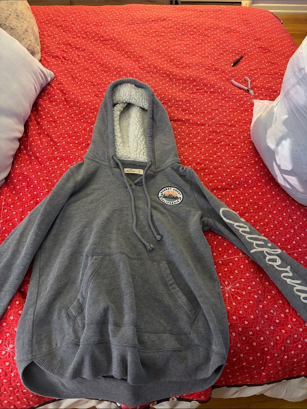 VINTAGE 2000’s Gray Hooded Sherpa-Lined Sweatshirt - California Script
